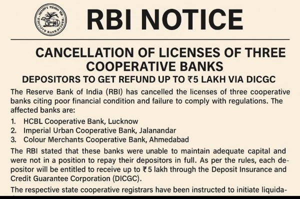 ਆਰਬੀਆਈ ਵੱਲੋਂ ਤਿੰਨ ਕੋਆਪਰੇਟਿਵ ਬੈਂਕਾਂ ਦੇ ਲਾਇਸੈਂਸ ਰੱਦ — ਜਮ੍ਹਾਂਦਾਰਾਂ ਨੂੰ ₹5 ਲੱਖ ਤੱਕ ਦੀ ਰਕਮ ਵਾਪਸੀ ਦੀ ਗਰੰਟੀ