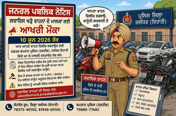 ਜਲੰਧਰ ਦਿਹਾਤੀ ਪੁਲਿਸ ਵੱਲੋਂ ਲਵਾਰਿਸ ਵਾਹਨਾਂ ਸਬੰਧੀ ਜਨਰਲ ਪਬਲਿਕ ਨੋਟਿਸ ਜਾਰੀ 10 ਜੂਨ 2026 ਤੱਕ ਮਾਲਕ ਪੇਸ਼ ਕਰਨ ਦਸਤਾਵੇਜ਼, ਨਹੀਂ ਤਾਂ ਕਾਨੂੰਨ ਅਨੁਸਾਰ ਹੋਵੇਗਾ ਨਿਪਟਾਰਾ